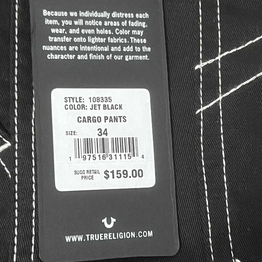 True Religion Brand Jeans Cargo Pants Jet Black Men Size 34X32 New